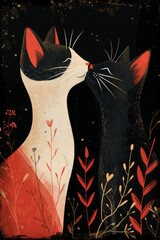 greeting card featuring two cats kissing, minimalist style, illustration, cute, kawaii,generative ai