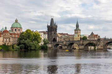 View of Charles Bridge over Moldau river, Prague Czech Republic