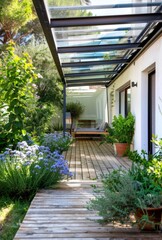Naklejka premium A small outdoor wooden deck with a glass roof, a garden and white walls