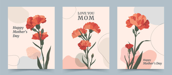 Vector illustration design of carnations depicted in an abstract, organic, minimalist flat style in Matisse style. Mother's Day design concept. - obrazy, fototapety, plakaty