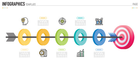 Circular infographic template or element with 5 step, process, option, colorful 3D circle, tag, button, label, icons, row, bar, funnel, fishbone, tree diagram for sale slide, web, flowchart