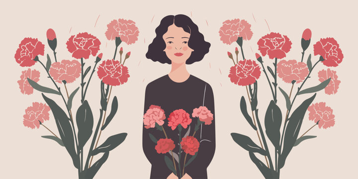 Mother's Day banner design featuring a mother holding carnation flowers, in a simple, vintage flat style vector illustration.