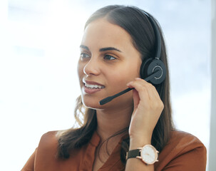 Callcenter, phone call and woman in office consulting for customer service, telemarketing and headset at help desk. Advisor, sales agent or virtual assistant in client care, tech support and voip.
