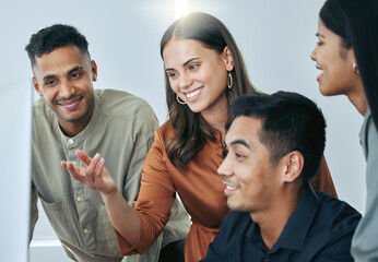 Business people, computer and teamwork talk in office, group and together for collaboration. Staff, workplace and pc for feedback or review company agenda, support and employees for online proposal