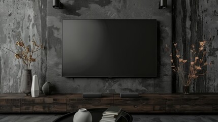 Cabinet for tv in living room interior wall mockup on dark concrete wall, Generative AI - obrazy, fototapety, plakaty
