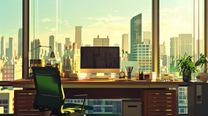 modern home office interior with a desk, computer and window view of a cityscape. flat cartoon...