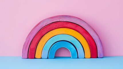 Colorful Waldorf wooden rainbow in a montessori teaching pedagogy on pink and blue background - obrazy, fototapety, plakaty