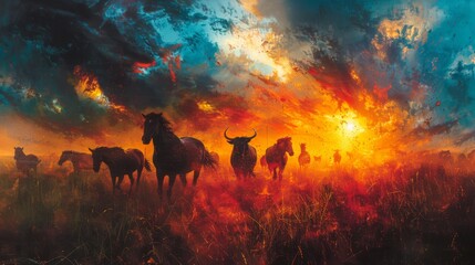 Fototapeta premium The Great Migration, Follow the journey of a family of endangered animals as they navigate changing habitats and human encroachment in their quest for survival. Generated AI.