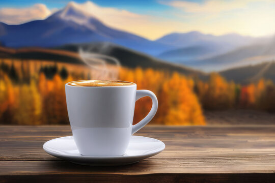 Wooden table and a cup of coffee, tea against the backdrop of beautiful mountains in the autumn season. Autumn season, free time, coffee break, September, October, November concept.