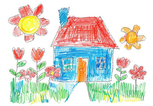 Naive children's drawing with colored chalk on white paper, made in the style of a child, house and flowers, isolated on white background
