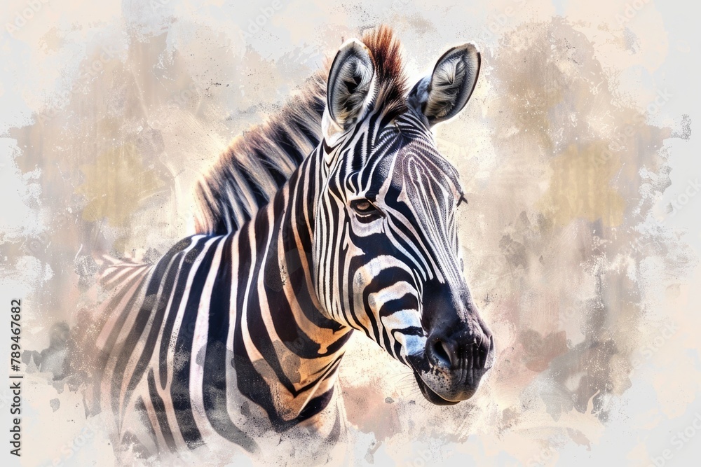 Poster a realistic digital painting of a zebra's face, suitable for various design projects