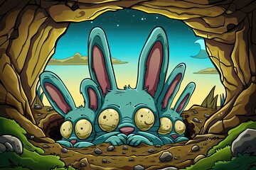 A family of rabbits burrows underground, their furry paws clutching a moonstone as luminous as their dreams - obrazy, fototapety, plakaty