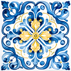 Fototapeta premium Pattern of Portuguese azulejos tiles. Rustic blue tile watercolor seamless pattern