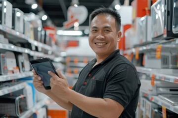 Successful sales consultant in electronics supermarket, Asian man working at home appliances store smiling and looking at camera, man holding tablet portrait and showing thumb up, Generative AI