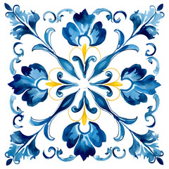 Pattern of Portuguese azulejos tiles. Rustic blue tile watercolor seamless pattern