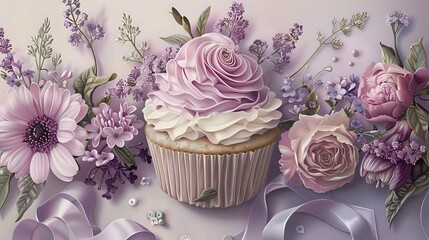 Luxe Cupcake Illustration with Luscious Floral Elements