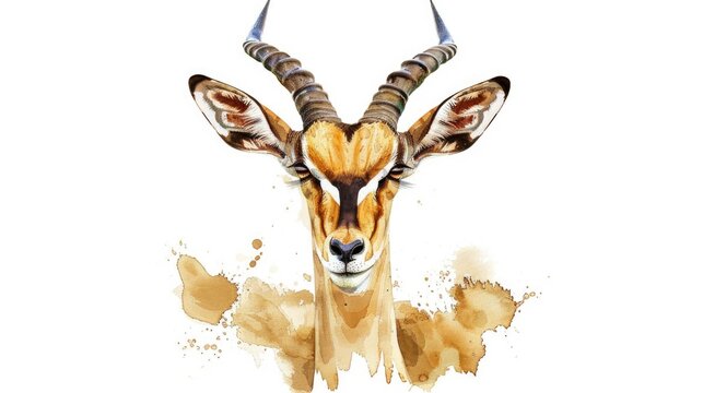 A beautiful watercolor painting of a gazelle with long horns. Perfect for wildlife enthusiasts or nature lovers