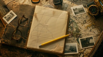 A blank notebook, with an open pencil and glasses on top of it, next to Polaroid photos and old maps