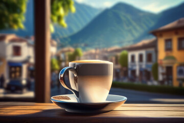 A cup of hot coffee, tea, chocolate on a wooden table early in the morning with a view of the...