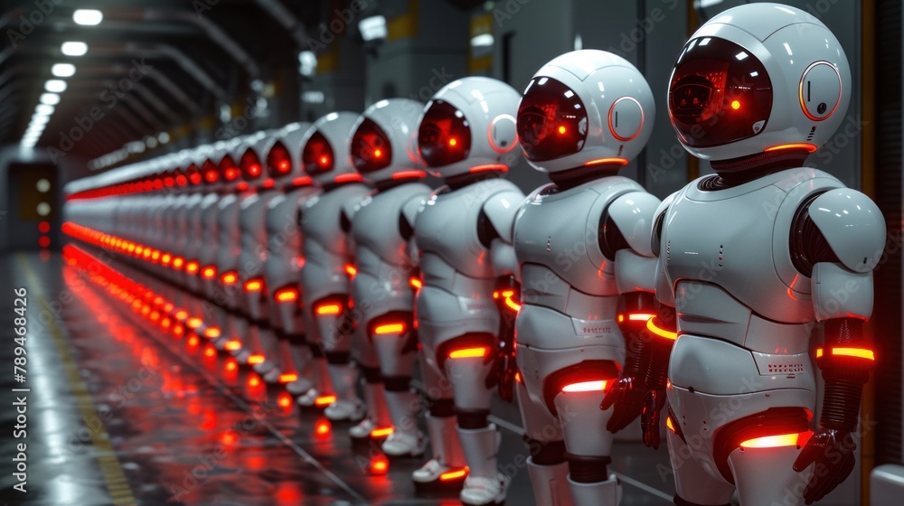 Poster array of robots in a row along a hallway, standing in a uniform and orderly manner