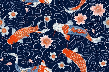 Traditional Japanese Koi Fish and Floral Pattern Design. Generative Ai