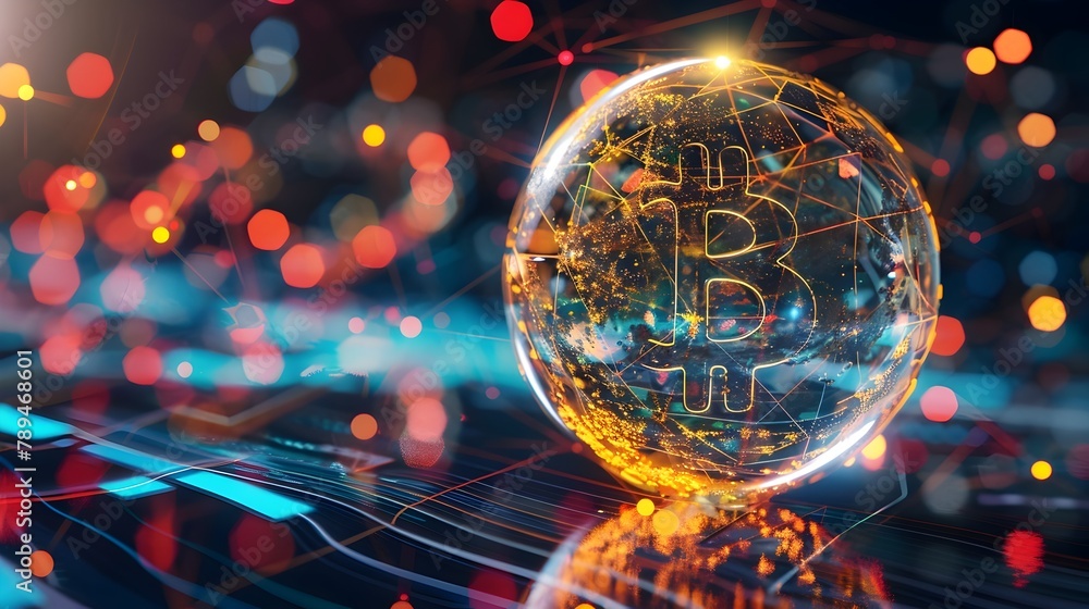 Aufkleber rotating crypto coin in a digital sphere: symbol of a globally interconnected cryptocurrency network