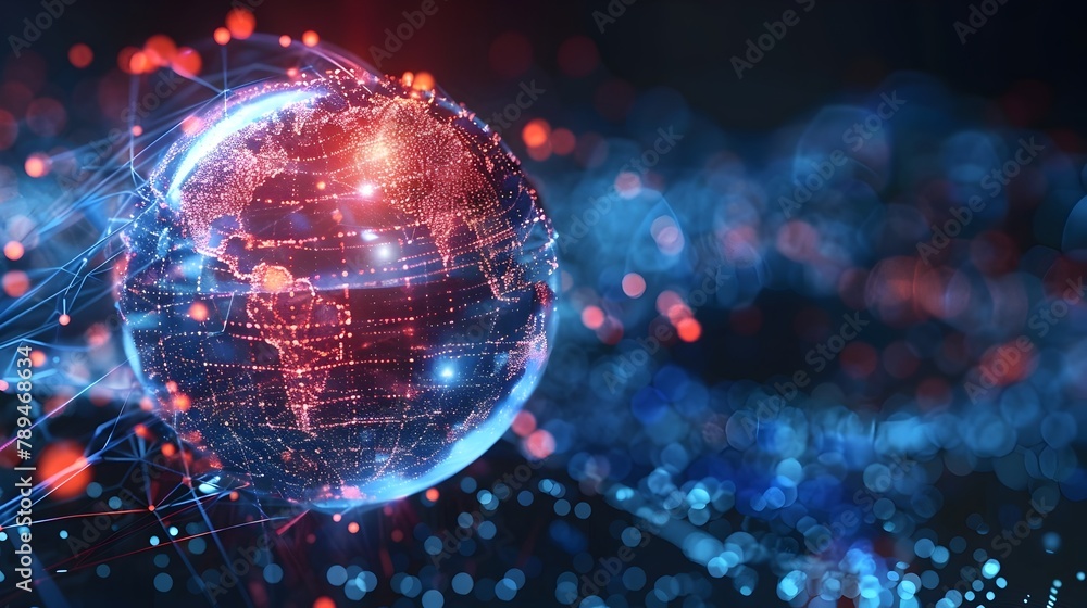 Poster crypto coin in digital sphere: rotating reflection of global cryptocurrency network