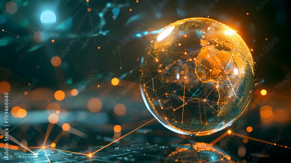 Poster crypto coin in digital sphere: symbolizing the interconnected global cryptocurrency network