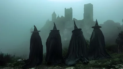 Foto op Plexiglas Mystic Enclave: Cloaked Figures Before Fog-Enshrouded Castle. Concept Fantasy, Mystery, Enchantment, Castle, Foggy Forest © Ян Заболотний