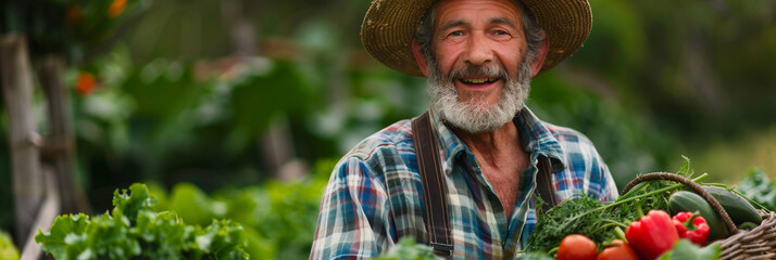 farmer with a hat and beard holding a basket full of vegetables