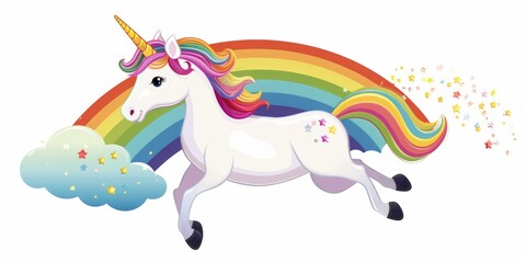 A cute cartoon unicorn with a colorful rainbow in the sky. Perfect for children's book illustrations or fantasy themed designs