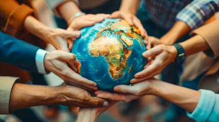 Diverse Hands Holding a Globe for Unity and Peace. Generative ai