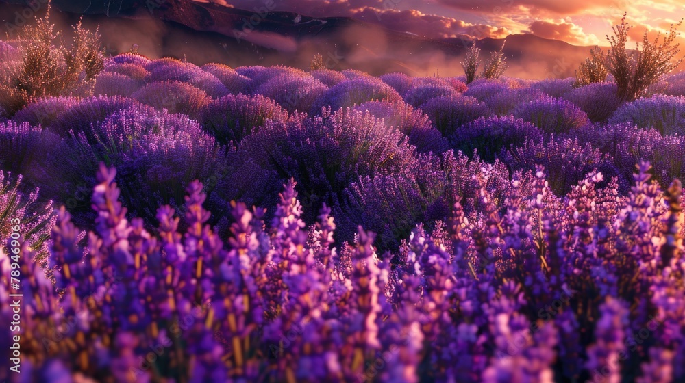 Poster Beautiful field of purple flowers with majestic mountains in the background. Perfect for nature and landscape themes