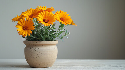 Calendula flower in a pot on a white background - obrazy, fototapety, plakaty