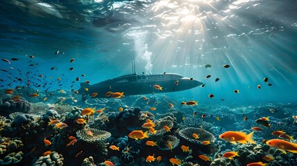 Submarine Exploring Coral Reef: A Journey of Underwater Marine Transport and Discovery - obrazy, fototapety, plakaty