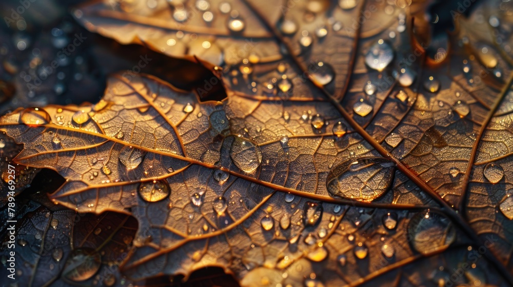Poster close up of a leaf with water droplets, suitable for nature and environmental concepts
