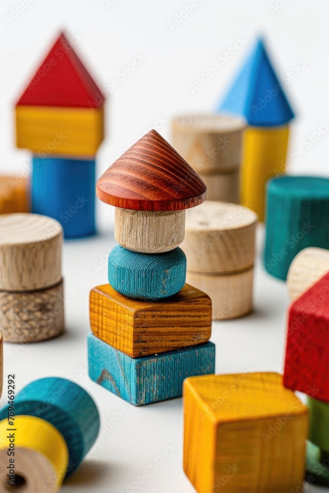 Poster a pile of wooden blocks stacked on top of each other. perfect for educational and construction conce
