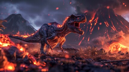 Volcanic land, dinosaurs escaping lava, dramatic lighting, low angle, 2D. - obrazy, fototapety, plakaty