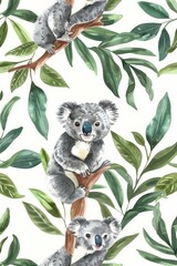 A watercolor painting of two koalas on a tree branch. Suitable for nature and wildlife themes
