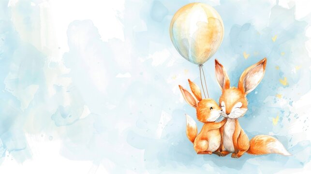 Charming watercolor painting of a rabbit holding a colorful balloon. Perfect for children's book illustrations or greeting cards