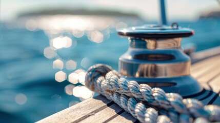 A closeup of the rope and stainless steel post on an open boat, with clear blue water in the background.  - obrazy, fototapety, plakaty