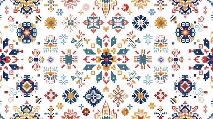 Traditional sampler cross-stitch, alphabet and motifs, 2D illustration, seamless pattern. - obrazy, fototapety, plakaty