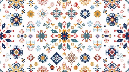Fotobehang Traditional sampler cross-stitch, alphabet and motifs, 2D illustration, seamless pattern. © GraphzTain