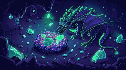 Obraz premium A mischievous dragon carefully guards its nest of ruby eggs, their fiery brilliance casting a warm glow over the cavernous lair