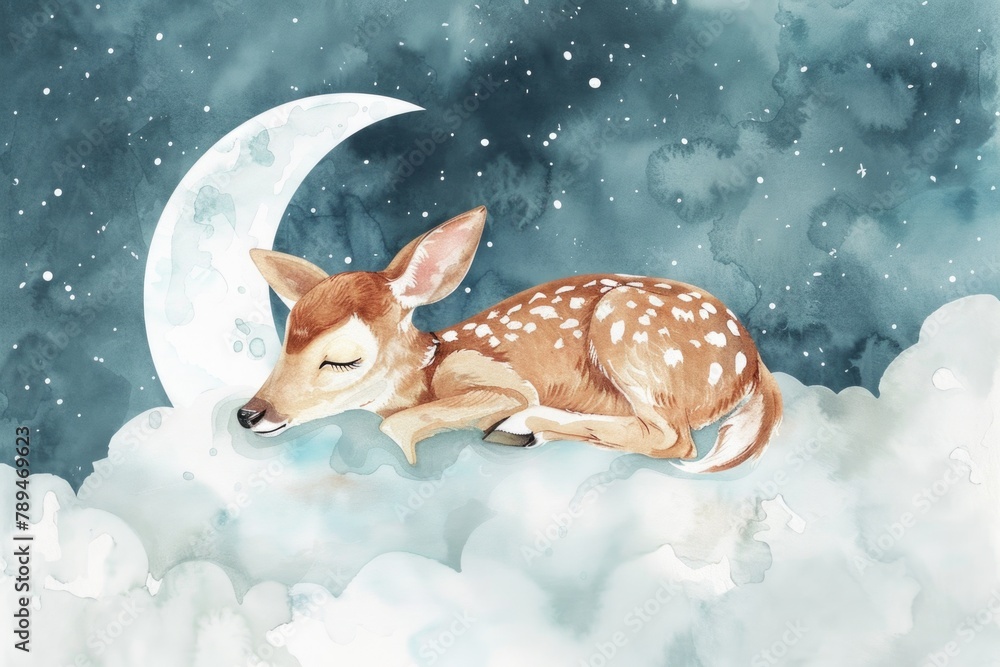 Poster a fawn laying on a cloud with a half moon in the background. suitable for dreamy and fantasy-themed 