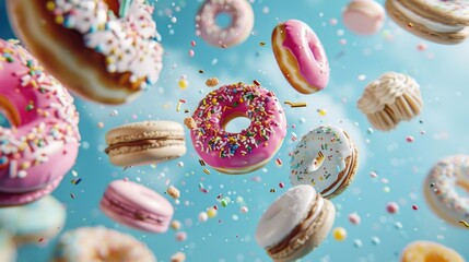 A bunch of donuts flying through the air. Can be used for food concepts - Powered by Adobe