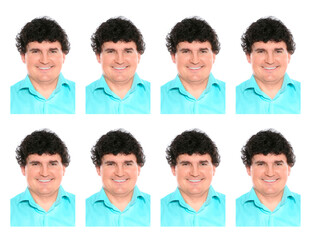 Passport photo, collage. Man on white background, set of photos