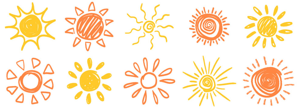 Cute doodle sun collection. Cartoon design elements. Vector illustration