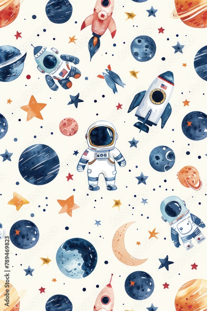 Poster a watercolor illustration of an astronaut in outer space. perfect for educational materials or scien