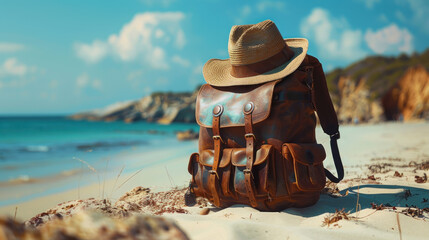 brown leather backpack with hat on the sandy beach. summer vacation concept